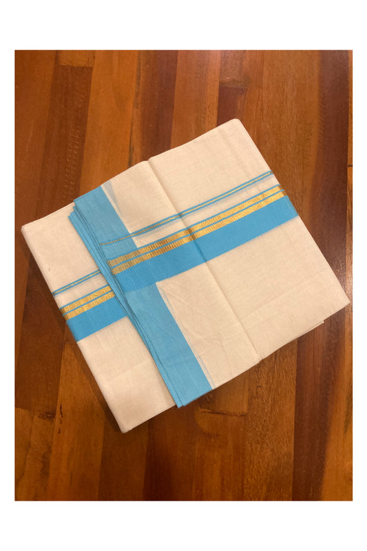 Off White Pure Cotton Double Mundu with Kasavu and Blue Border (South Indian Dhoti)