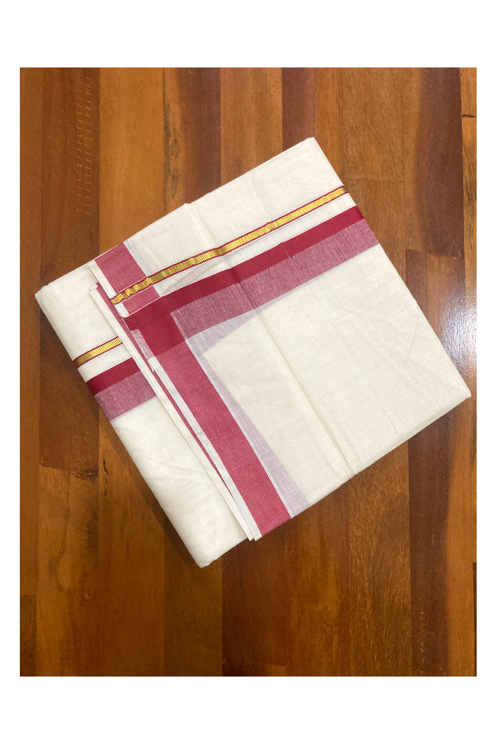 Pure Cotton Off White Double Mundu with Maroon and Kasavu Border (South Indian Dhoti)