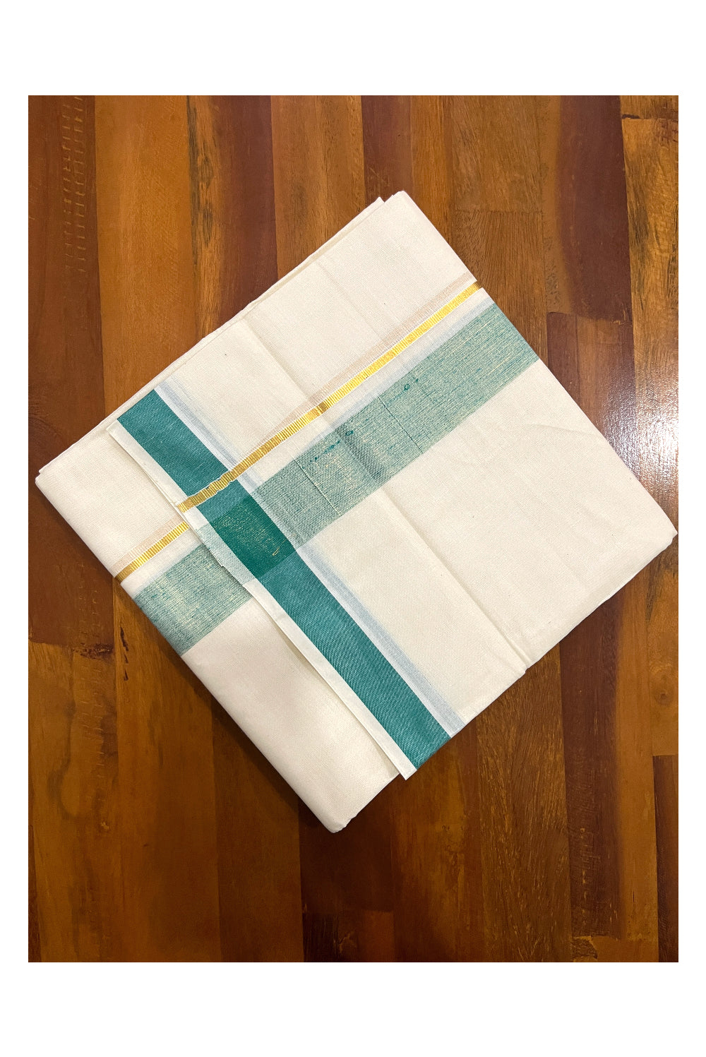 Pure Cotton Double Mundu with Kasavu Green Kara (South Indian Kerala Dhoti)