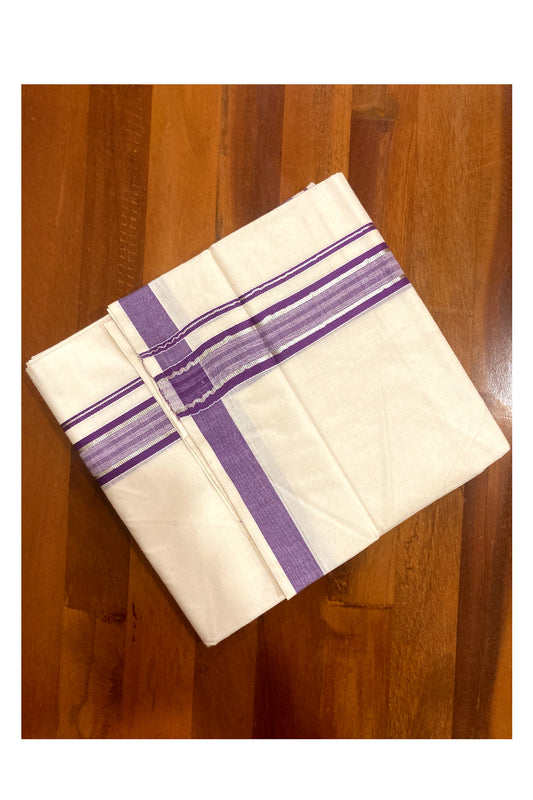 Pure Cotton Double Mundu with Violet and Silver Kasavu Border (South Indian Dhoti)