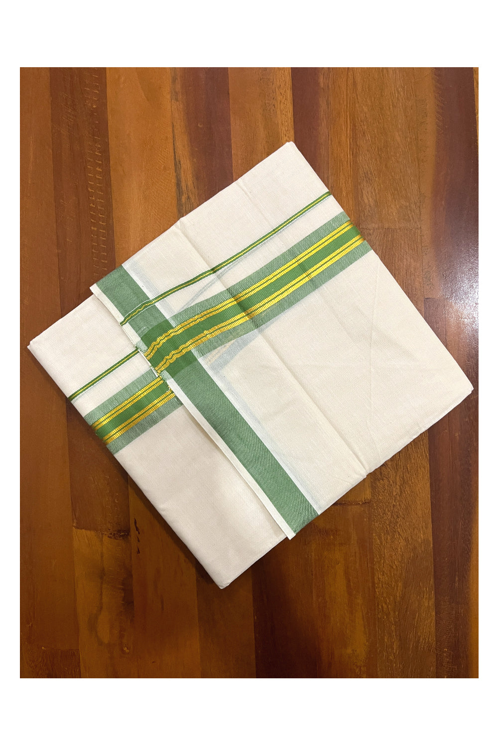 Pure Cotton Double Mundu with Kasavu Green Kara (South Indian Dhoti)