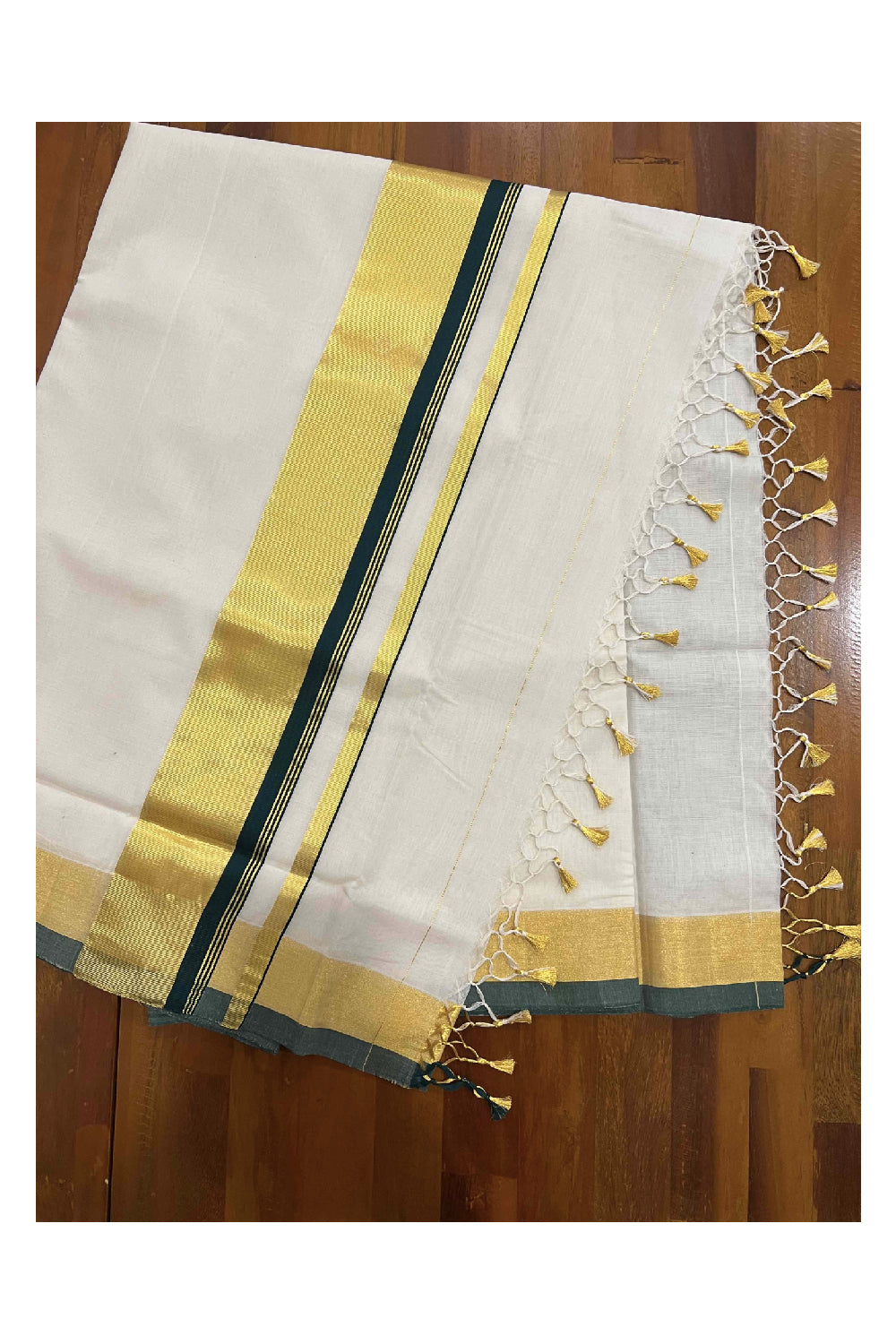 Southloom Balaramapuram Premium Handloom Wedding Saree with Kasavu and Dark Green Border