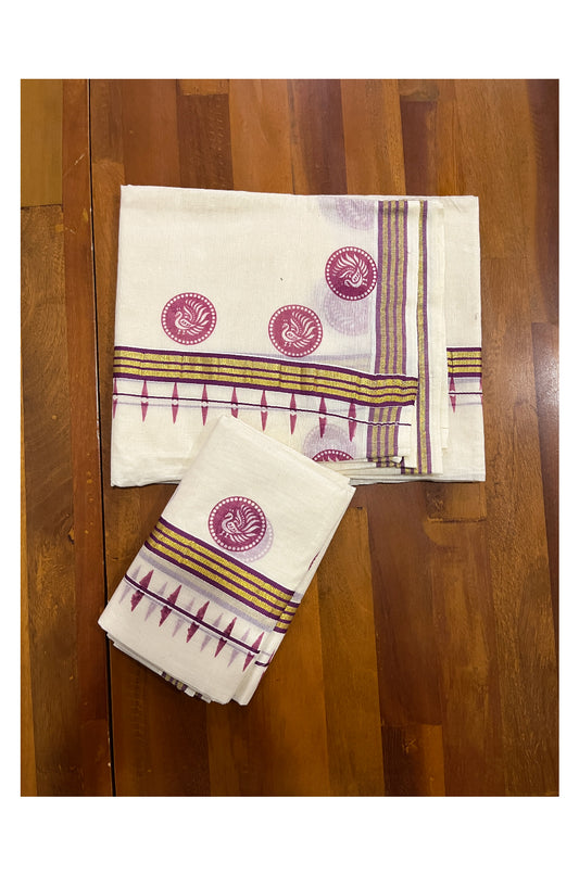 Kerala Cotton Kasavu Set Mundu (Mundum Neriyathum) with Magenta Block Prints on Border