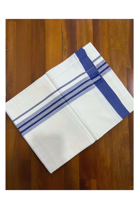 Pure White Cotton Mundu with Dark Blue and White Line Kara (South Indian Dhoti)