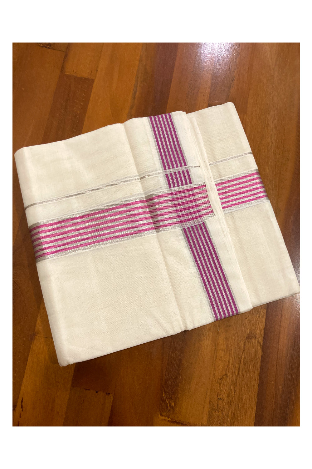 Southloom Premium Handloom Cotton Off White Mundu with Magenta and Silver Kasavu Border (South Indian Dhoti)