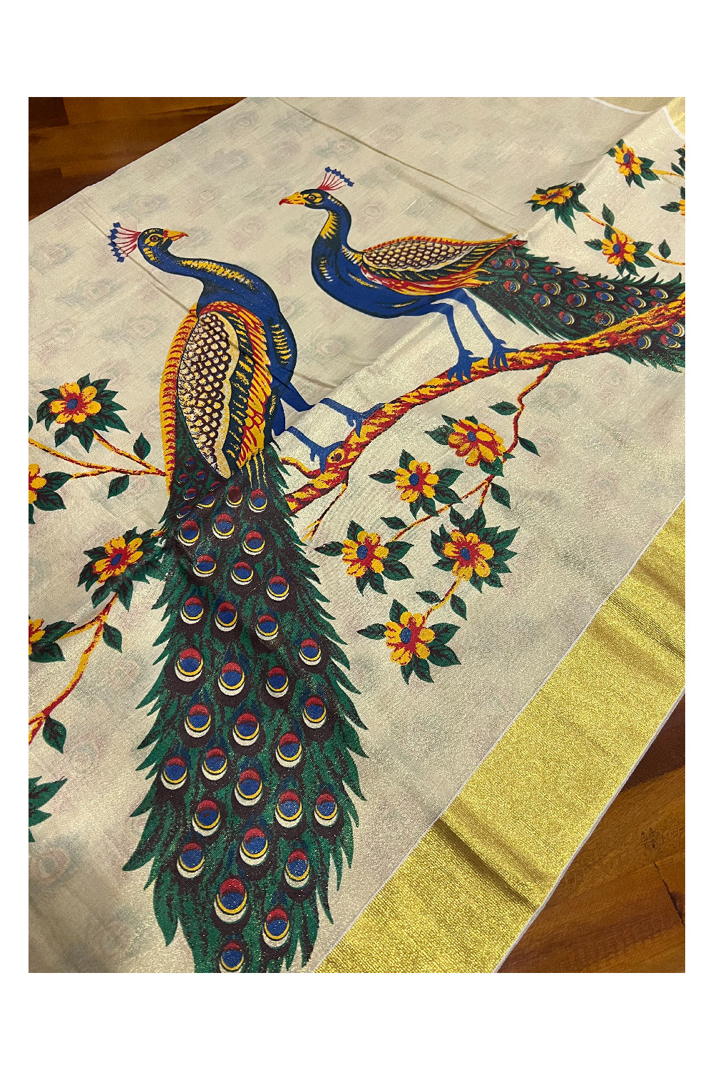 Kerala Tissue Kasavu Saree With Mural Peacock Design and Printed Running Blouse Piece