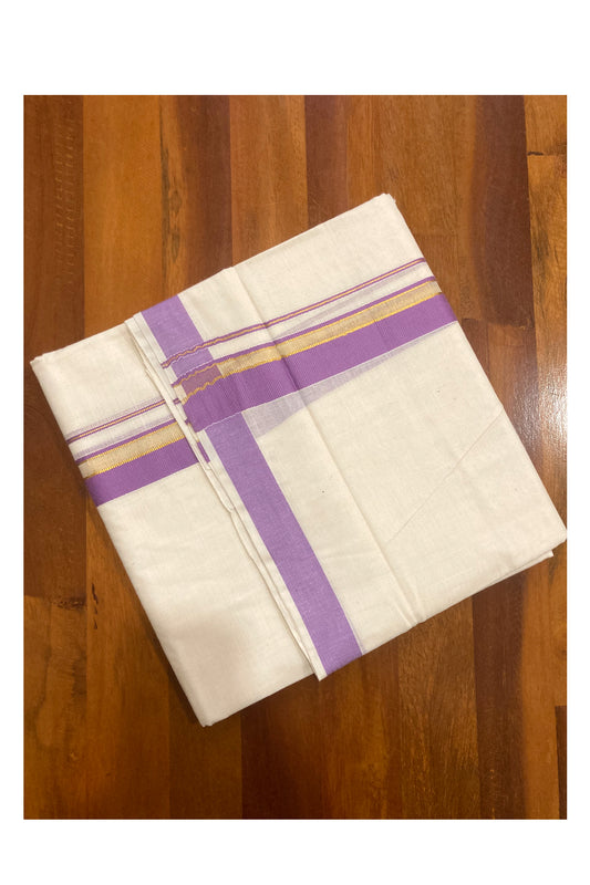 Pure Cotton Double Mundu with Violet and Kasavu Border (South Indian Dhoti)