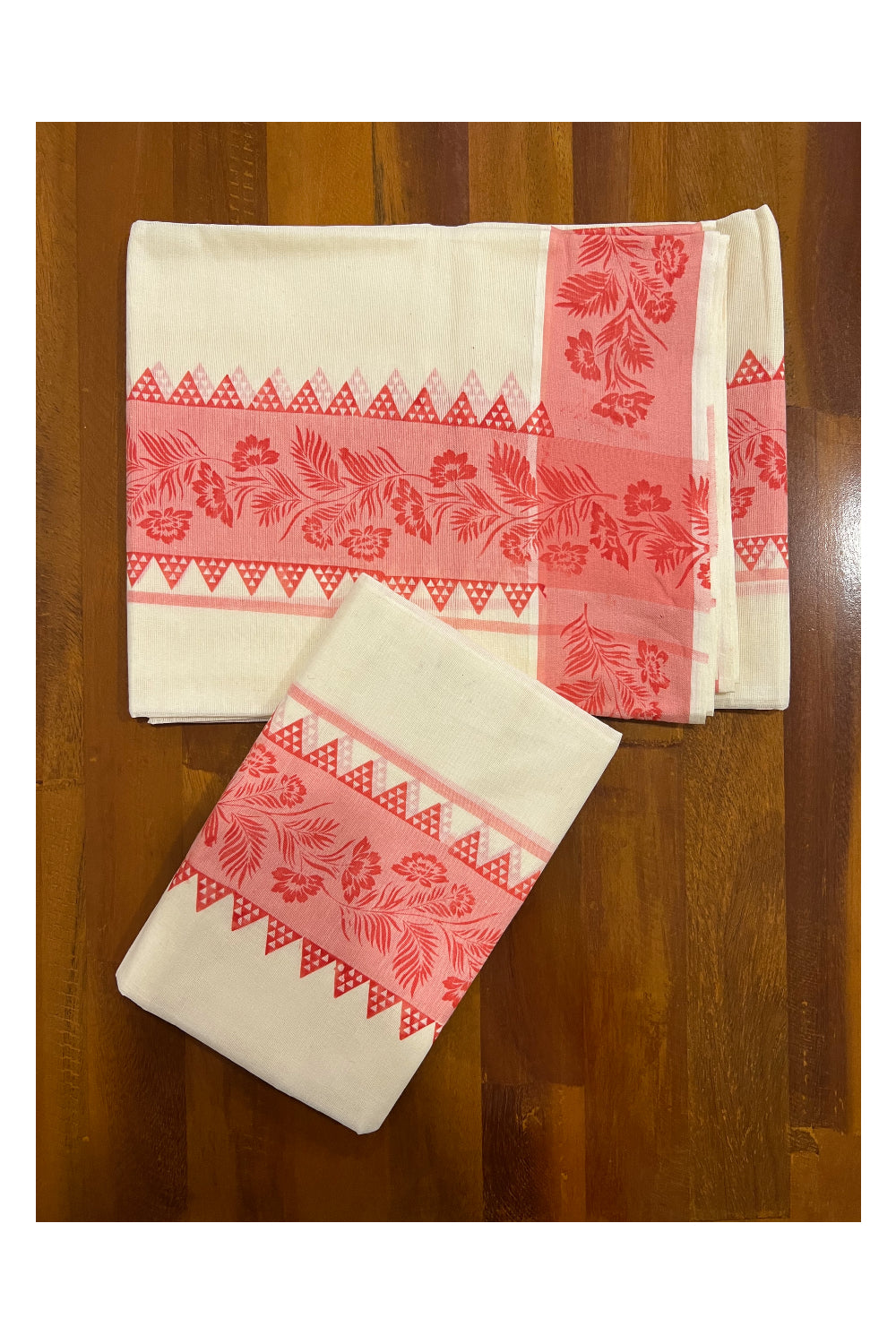 Kerala Cotton Set Mundu (Mundum Neriyathum) with Light Pink Floral Temple Block Prints on Border