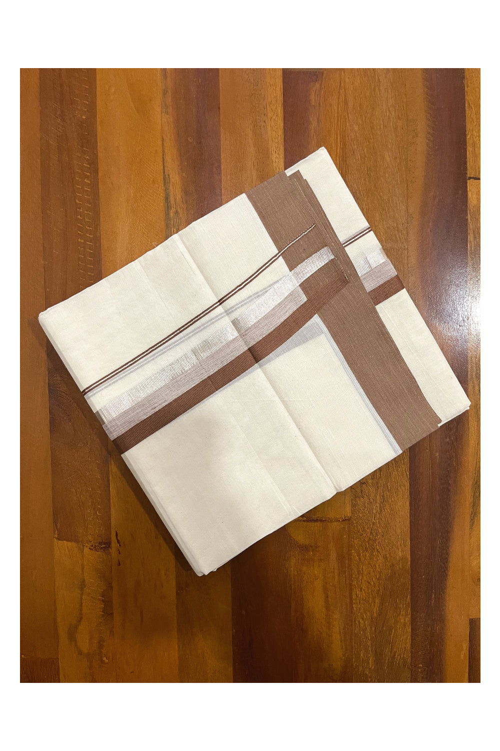 Pure Cotton Off White Double Mundu with Silver Kasavu and Brown Border (South Indian Dhoti)