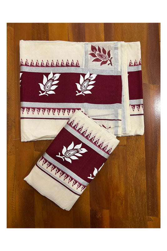 Pure Cotton Kerala Silver Kasavu Set Mundu (Mundum Neriyathum) with White Floral Block Prints on Maroon Temple Border