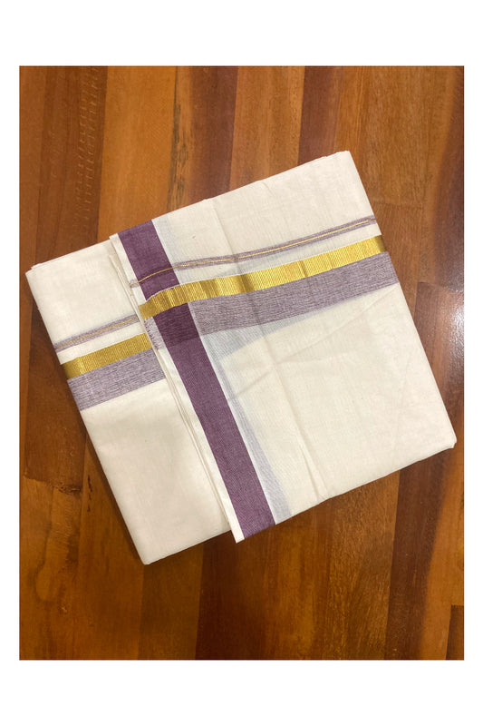 Pure Cotton Off White Double Mundu with Purple and Kasavu Border (South Indian Dhoti)