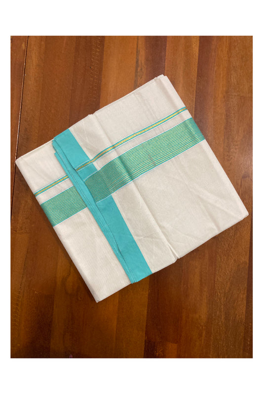 Off White Kerala Double Mundu with Kasavu and Turquoise Line Border (South Indian Dhoti)