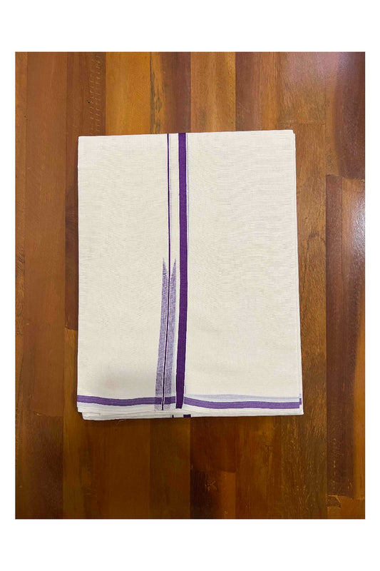 Off White Pure Cotton Double Mundu with Violet Puliyilakkara Border (South Indian Dhoti)