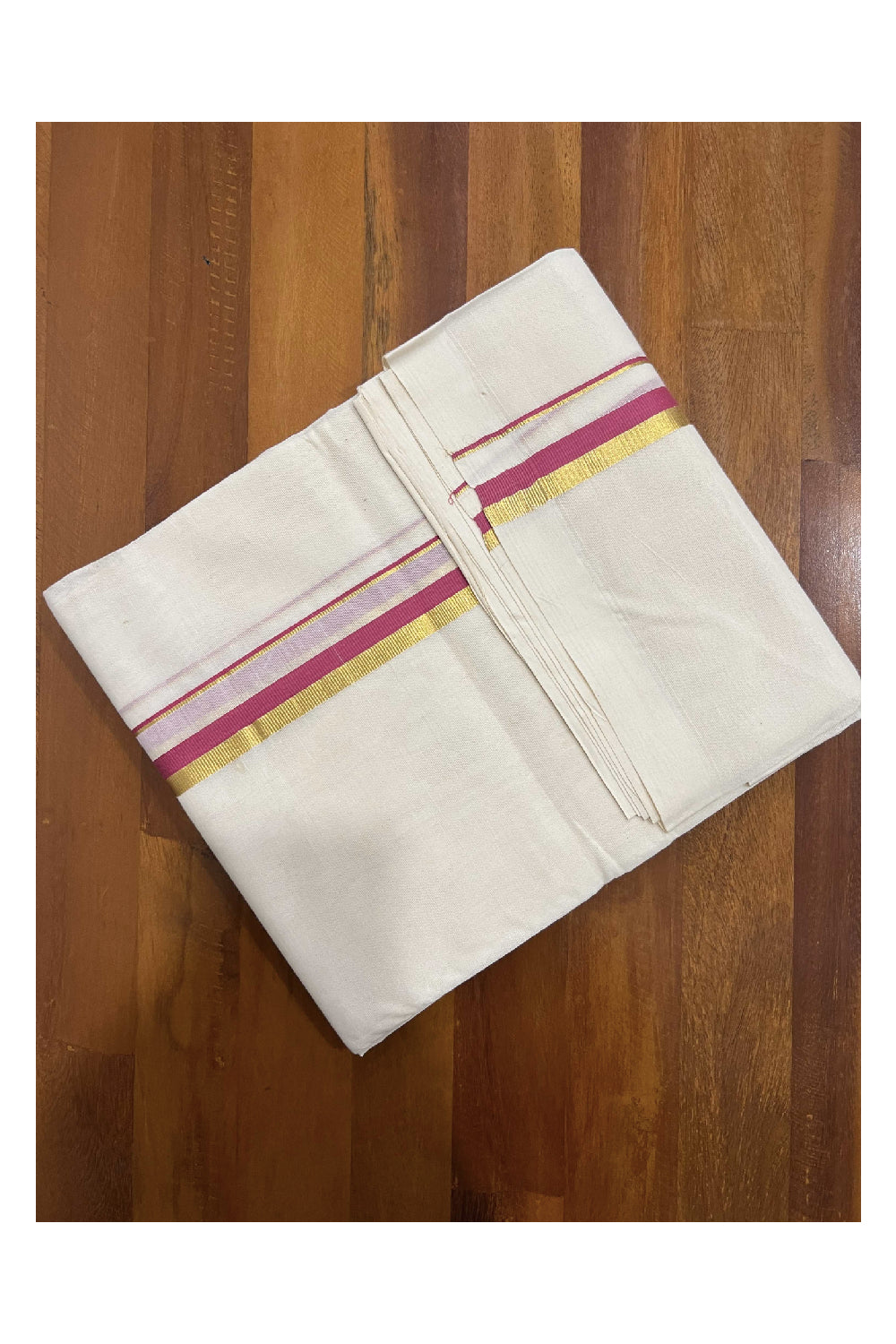 Off White Pure Cotton Double Mundu with Kasavu and Dark Pink Kara (South Indian Dhoti)