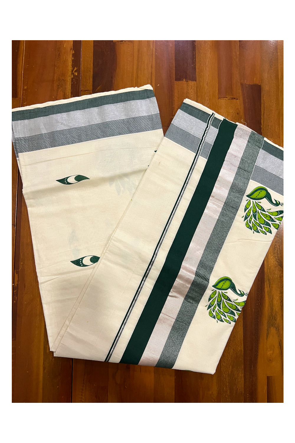 Kerala Pure Cotton Dark Green and Silver Kasavu Border Saree with Peacock Mural Printed Design