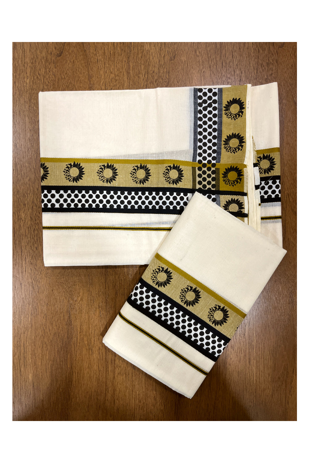 Kerala Cotton Single Set Mundu (Mundum Neriyathum) with Black Block Prints on Brown Border