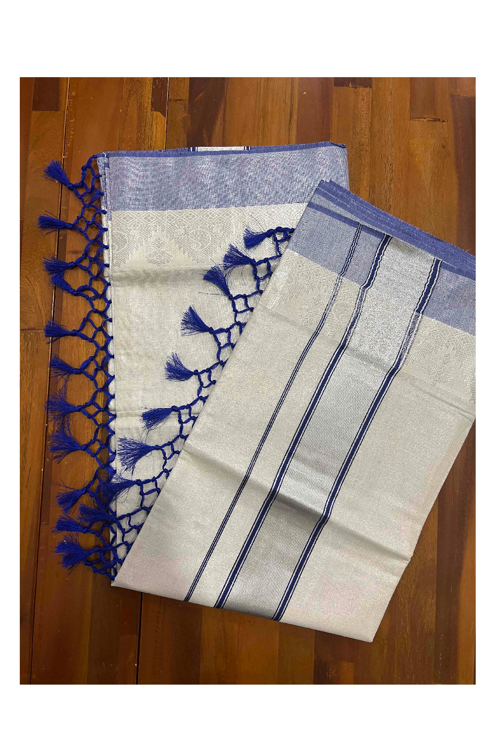 Kerala Silver Tissue Plain Saree with Blue and Silver Border
