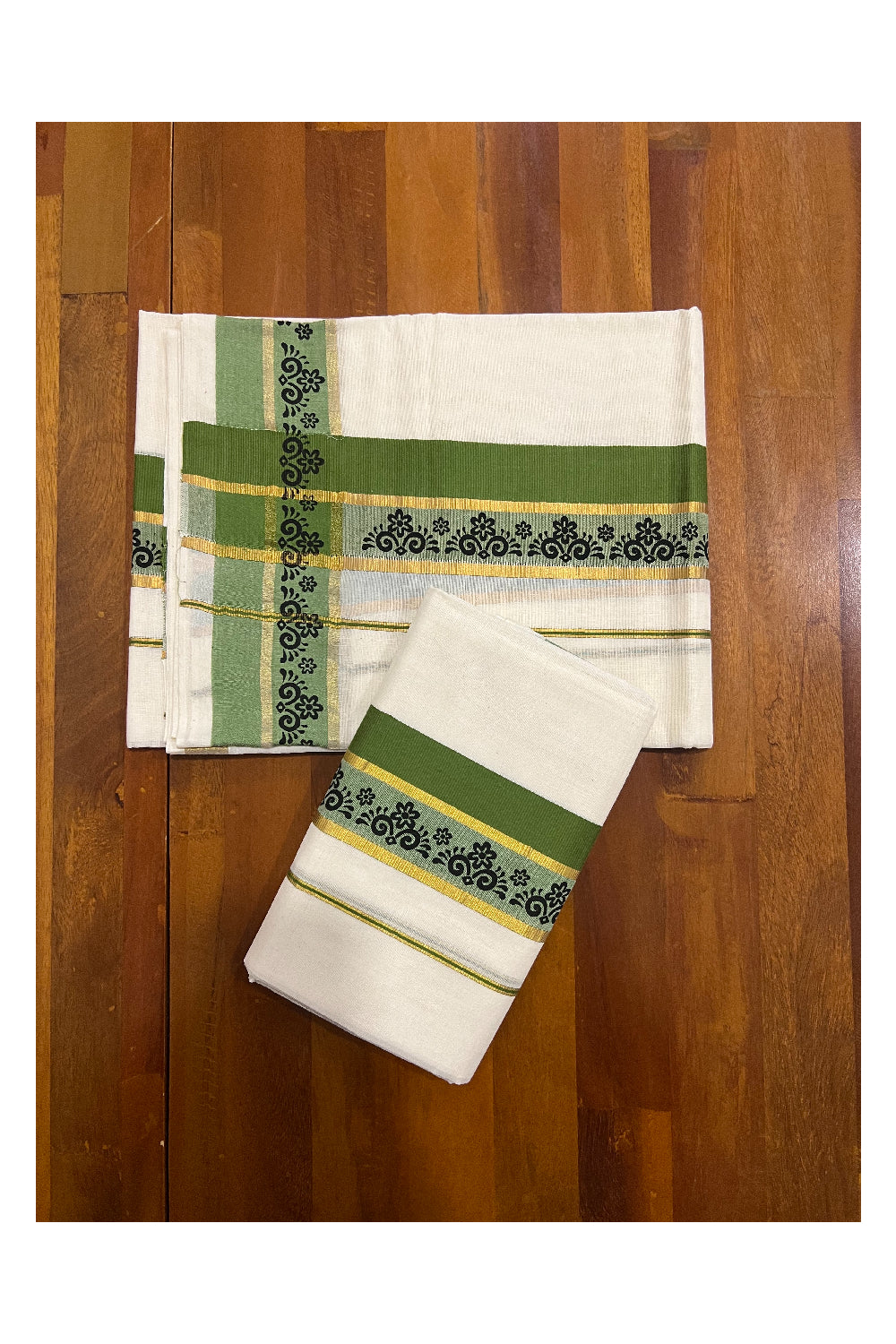 Kerala Cotton Kasavu Set Mundu (Mundum Neriyathum) with Black Floral Block Prints in Green Border