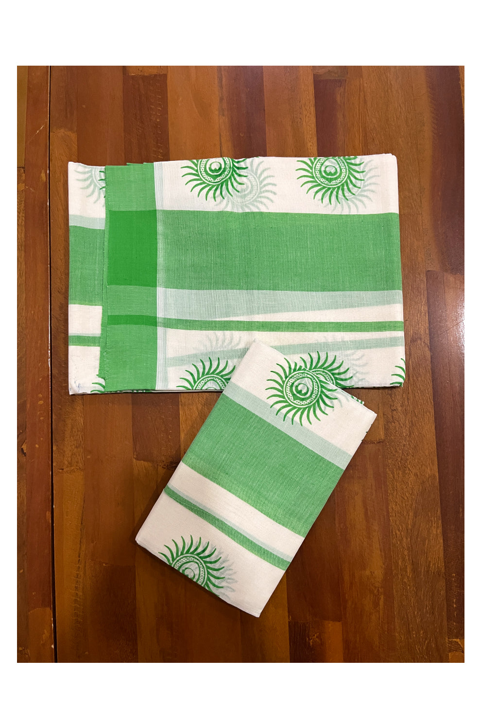 Pure Cotton Single Set Mundu (Mundum Neriyathum Onam 2023) with Green Block Prints and Border