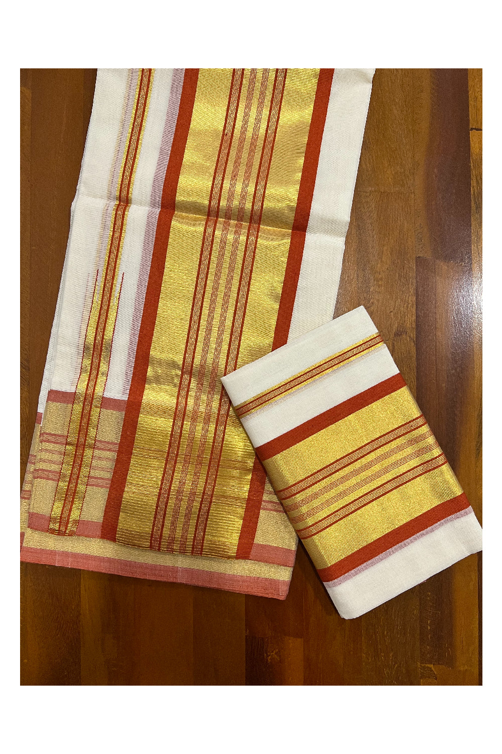 Southloom Premium Handloom Set Mundu with Kasavu and Dark Orange Stripes Border 2.80 Mtrs