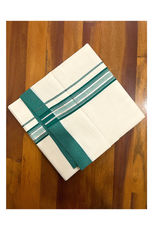 Pure Cotton Off White Double Mundu with Green and Silver Kara (South Indian Dhoti)