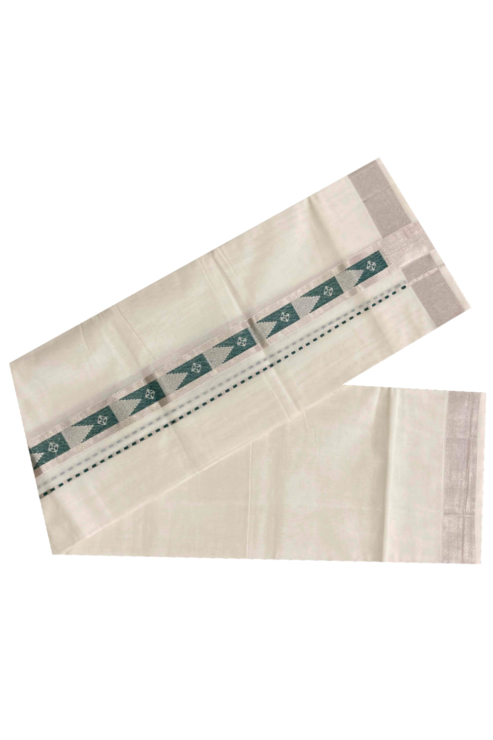 Southloom Handloom Premium Silver Kasavu Dhoti with Dark Green Woven Design Border