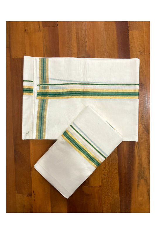 Southloom Pure Cotton Kerala Single Set Mundu (Mundum Neriyathum) with Green Kasavu Border 2.80 Mtrs SLKK SL523