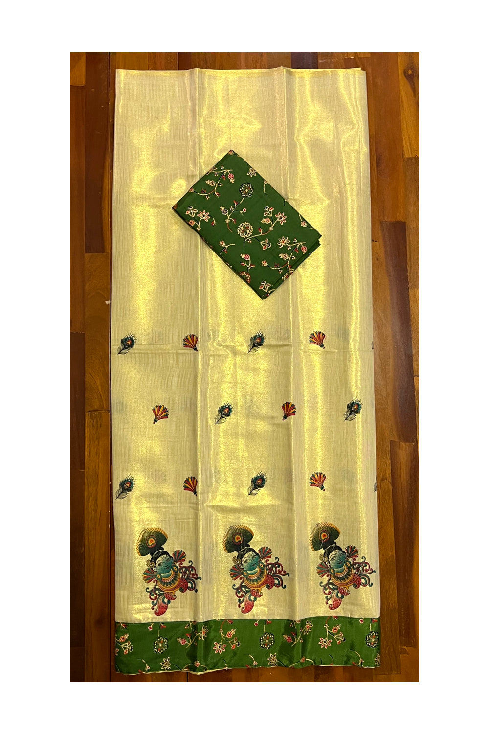 Kerala Tissue Mural Printed Pavada and Green Designer Blouse Material for Kids/Girls 4.3 Meters