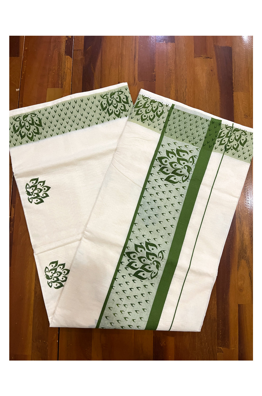 Pure Cotton Off White Kerala Saree with Green Block Prints on Border