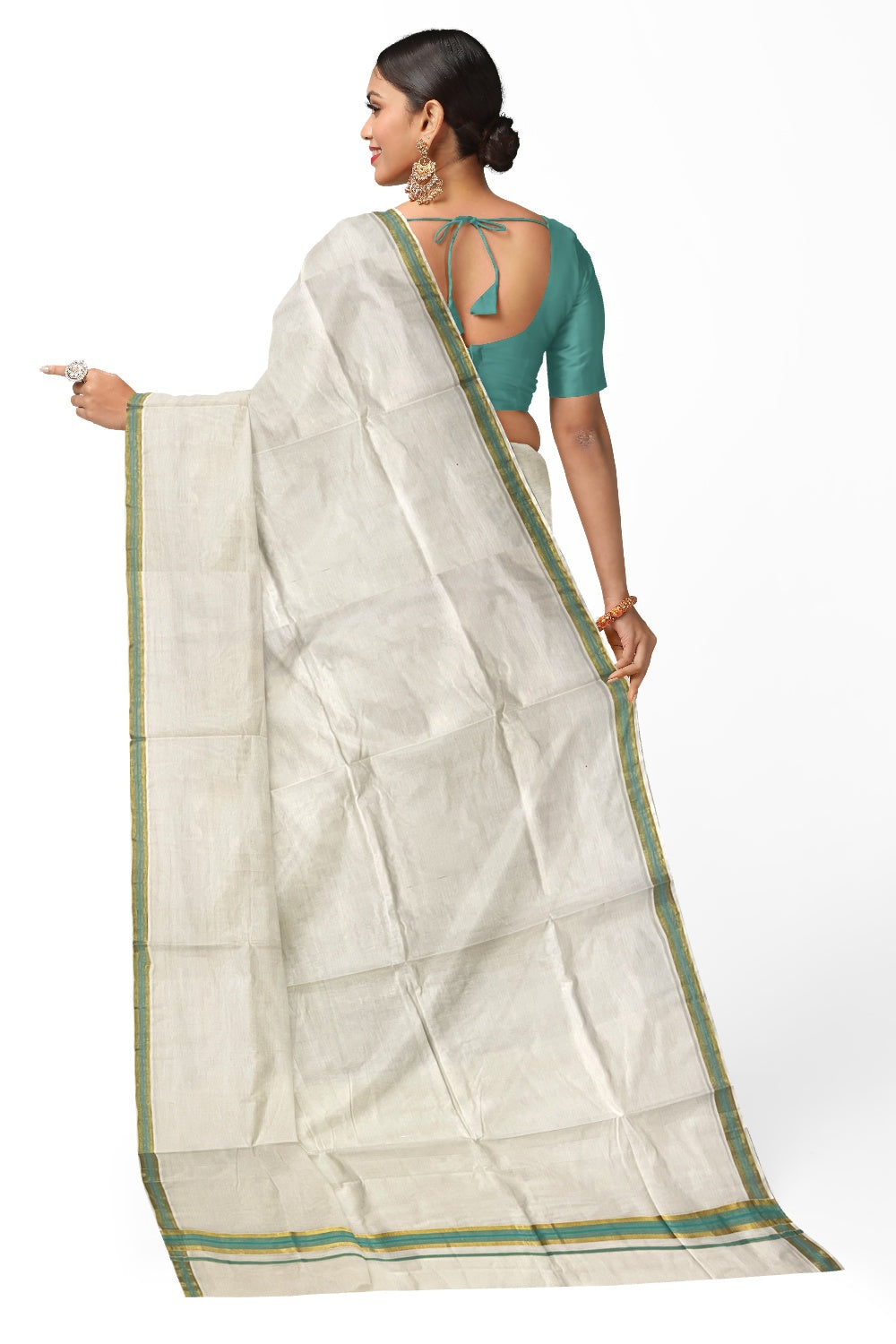 Kerala Pure Cotton Plain Saree with Kasavu and Turquoise Border