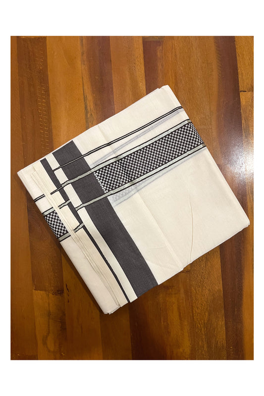 Pure Cotton Off White Double Mundu with Silver Kasavu and Dark Brown Woven Border (South Indian Dhoti)