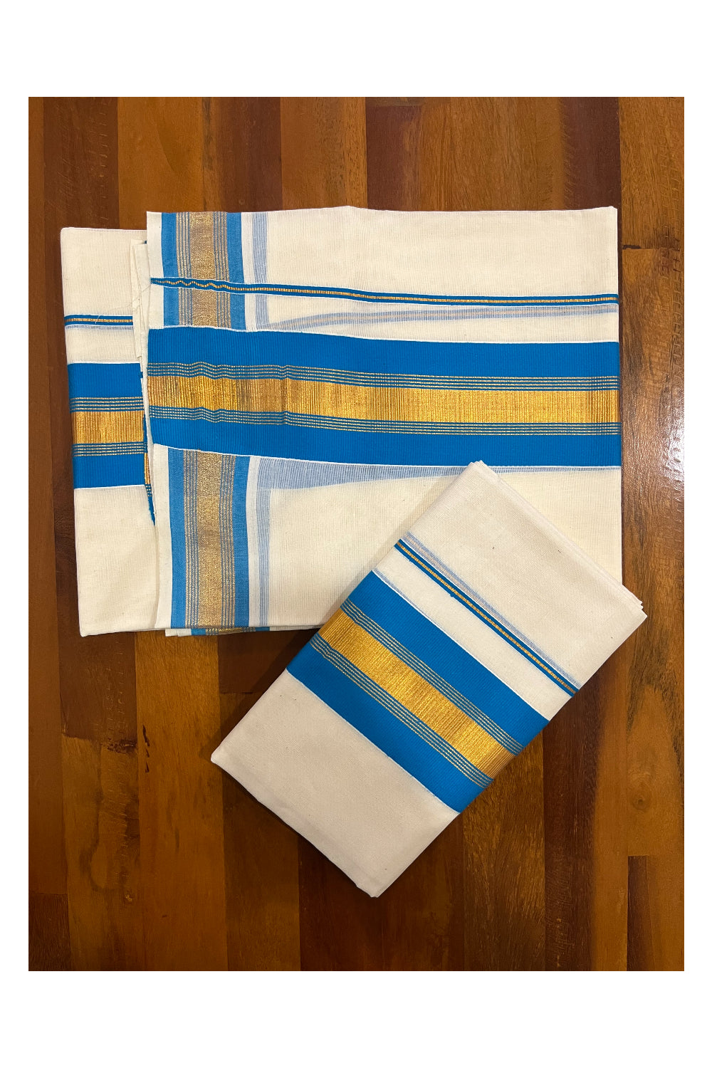 Pure Cotton Kerala Single Set Mundu (Mundum Neriyathum) with Blue and Kasavu Border