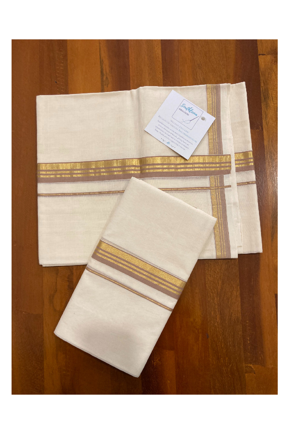 Southloom Premium Handloom Set Mundu with Kasavu and Light Brown Border