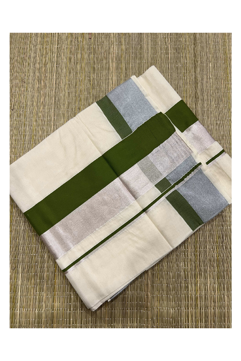 Pure Cotton Off White Kerala Saree with Silver Kasavu and Pale Green Border