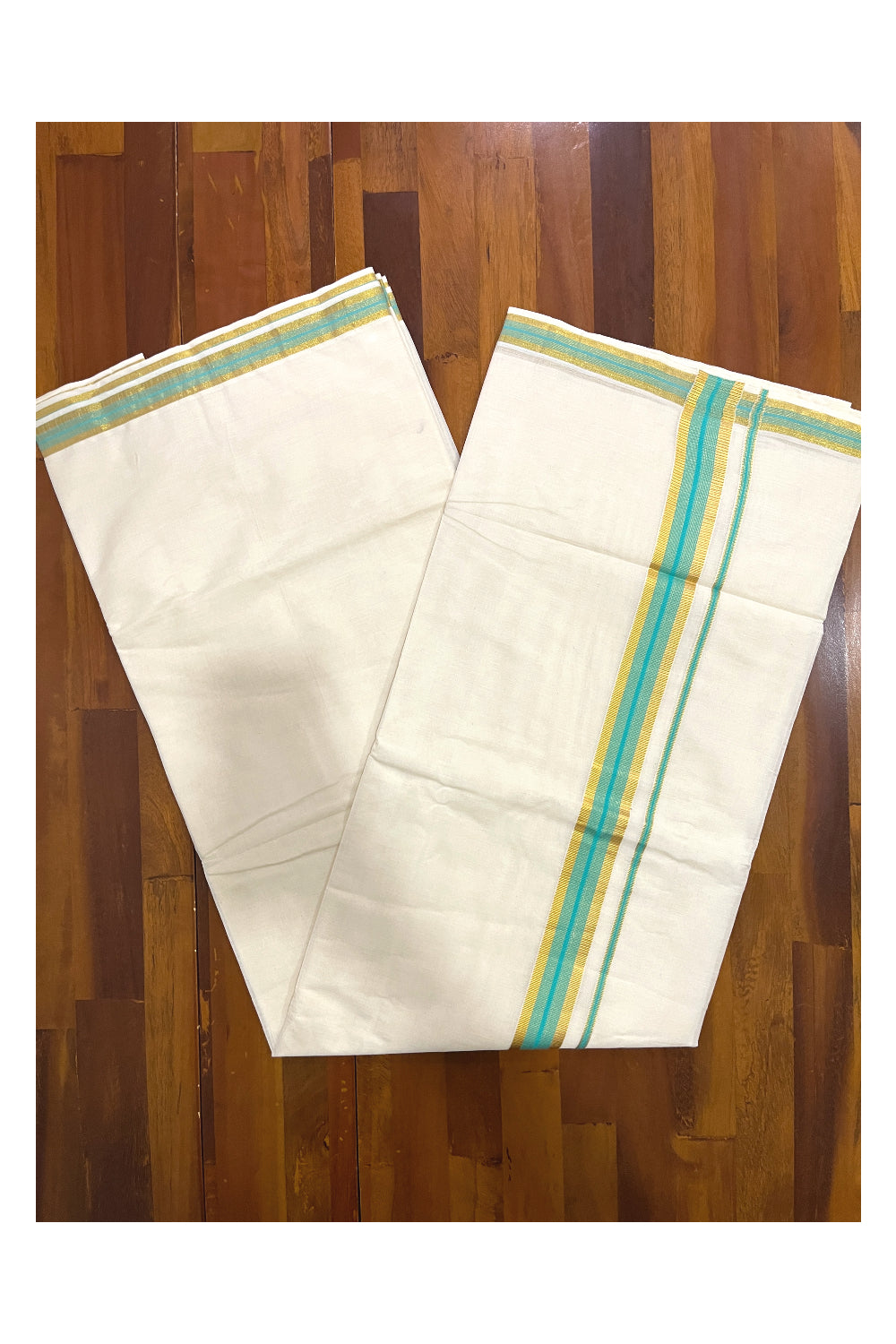 Kerala Pure Cotton Plain Saree with Kasavu and Turquoise Border