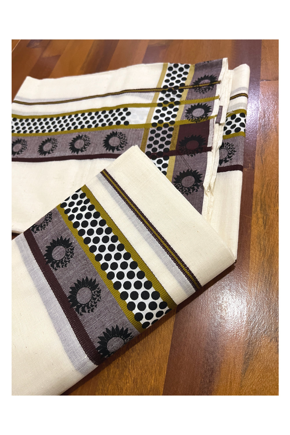 Kerala Cotton Single Set Mundu (Mundum Neriyathum) with Brown Black Block Prints on Border