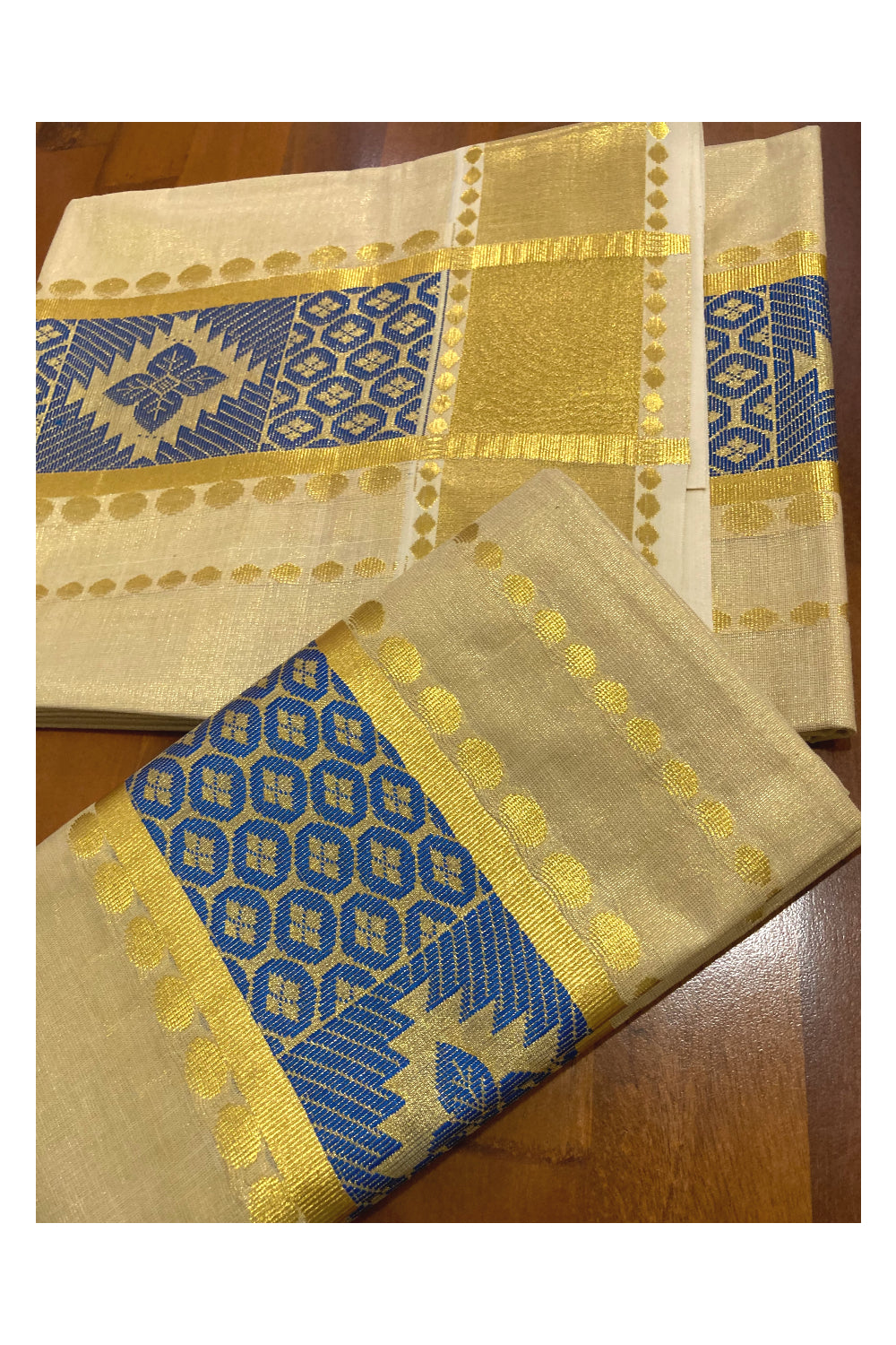 Kerala Tissue Kasavu Set Mundu (Mundum Neriyathum) with Blue Thread Work on Border 2.80 Mtrs