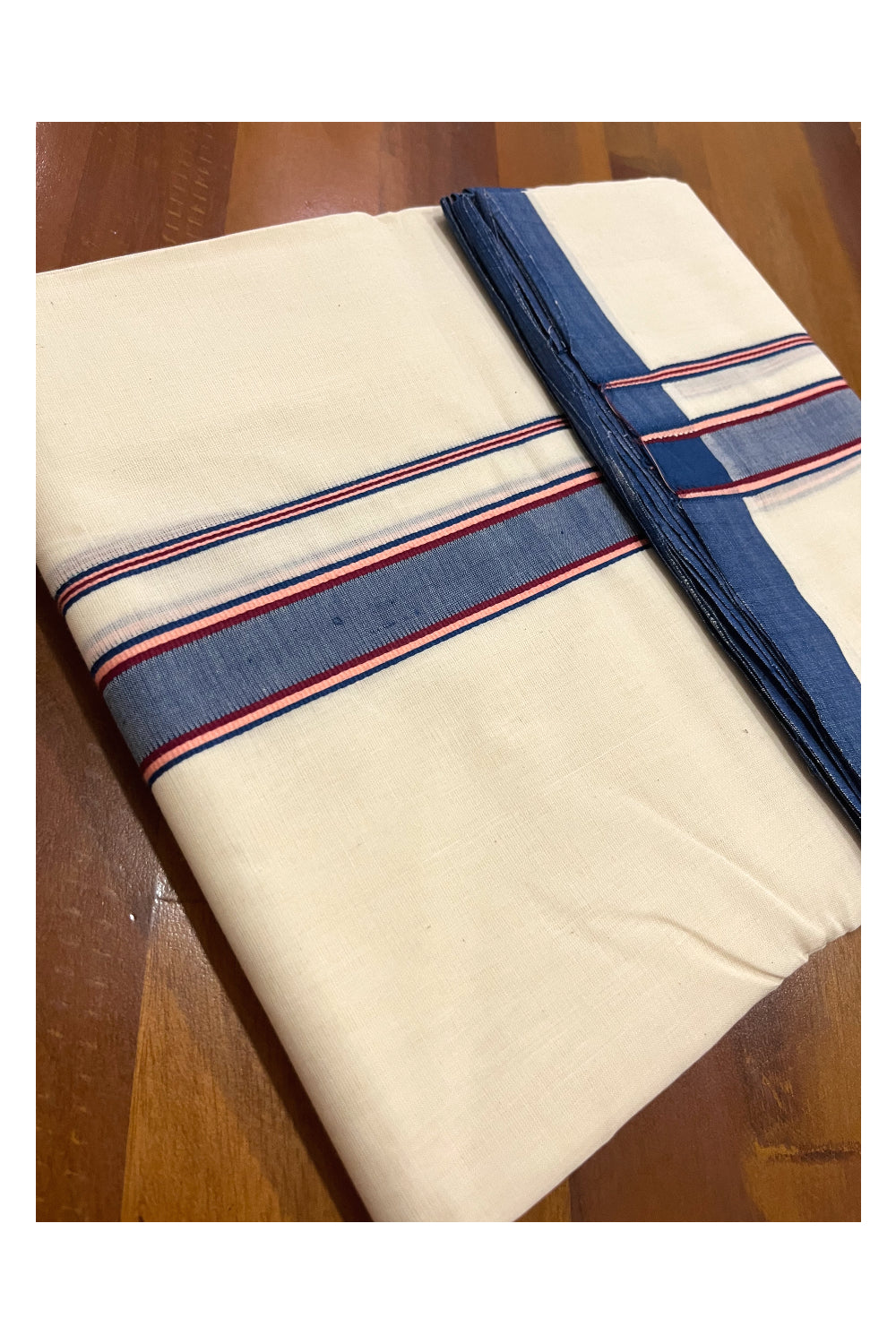 Southloom Premium Handloom Double Mundu with Blue and Maroon Border