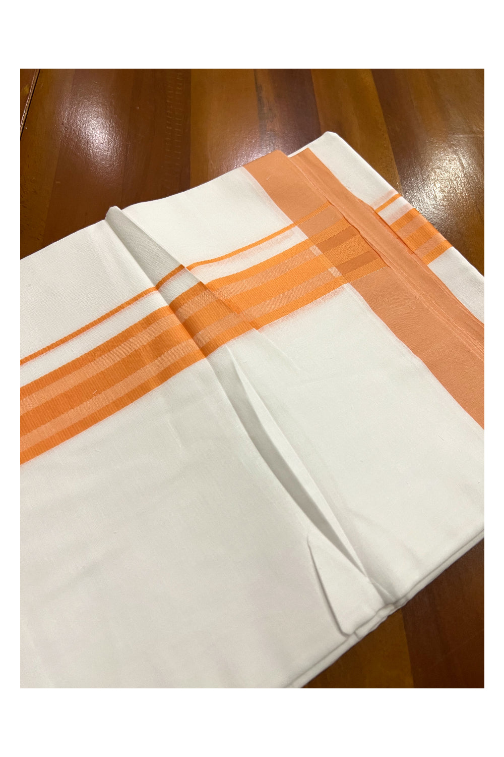 Pure White Cotton Double Mundu with Orange Line Border (South Indian Dhoti)