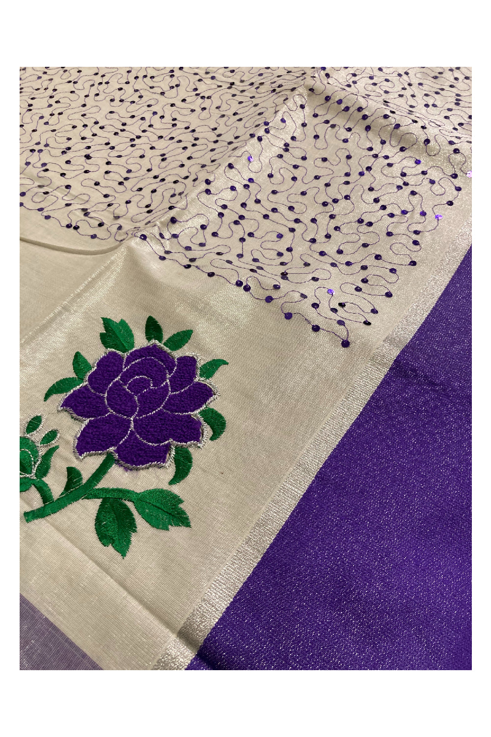 Silver Tissue Kasavu Saree with Violet Floral and Sequins Decorative Work