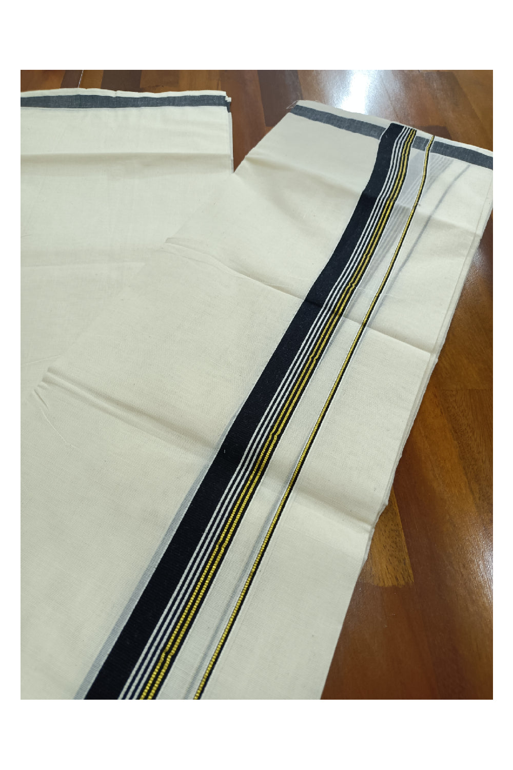 Off White Kerala Double Mundu with Kasavu and Black Kara (South Indian Dhoti)