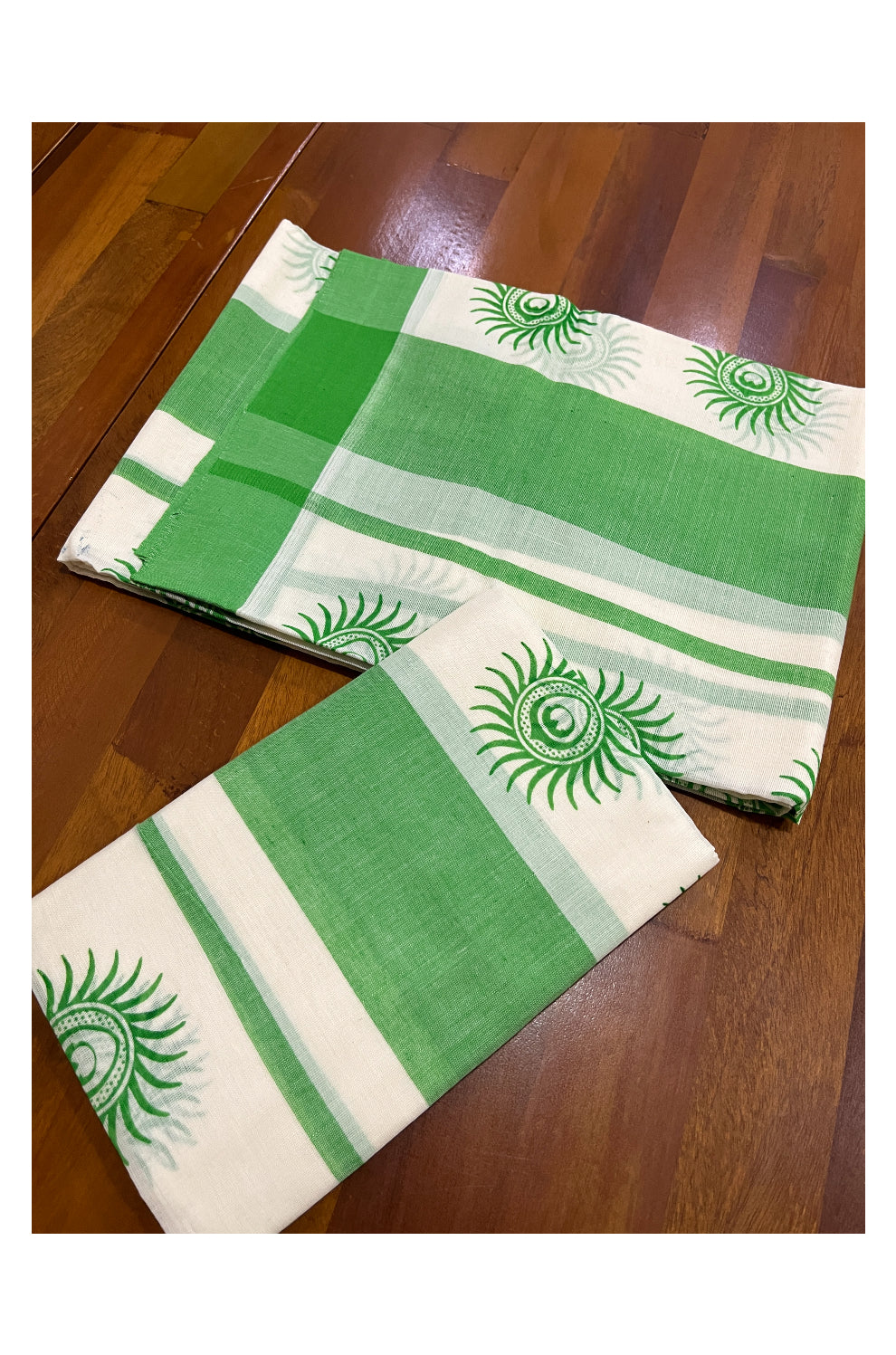 Pure Cotton Single Set Mundu (Mundum Neriyathum Onam 2023) with Green Block Prints and Border