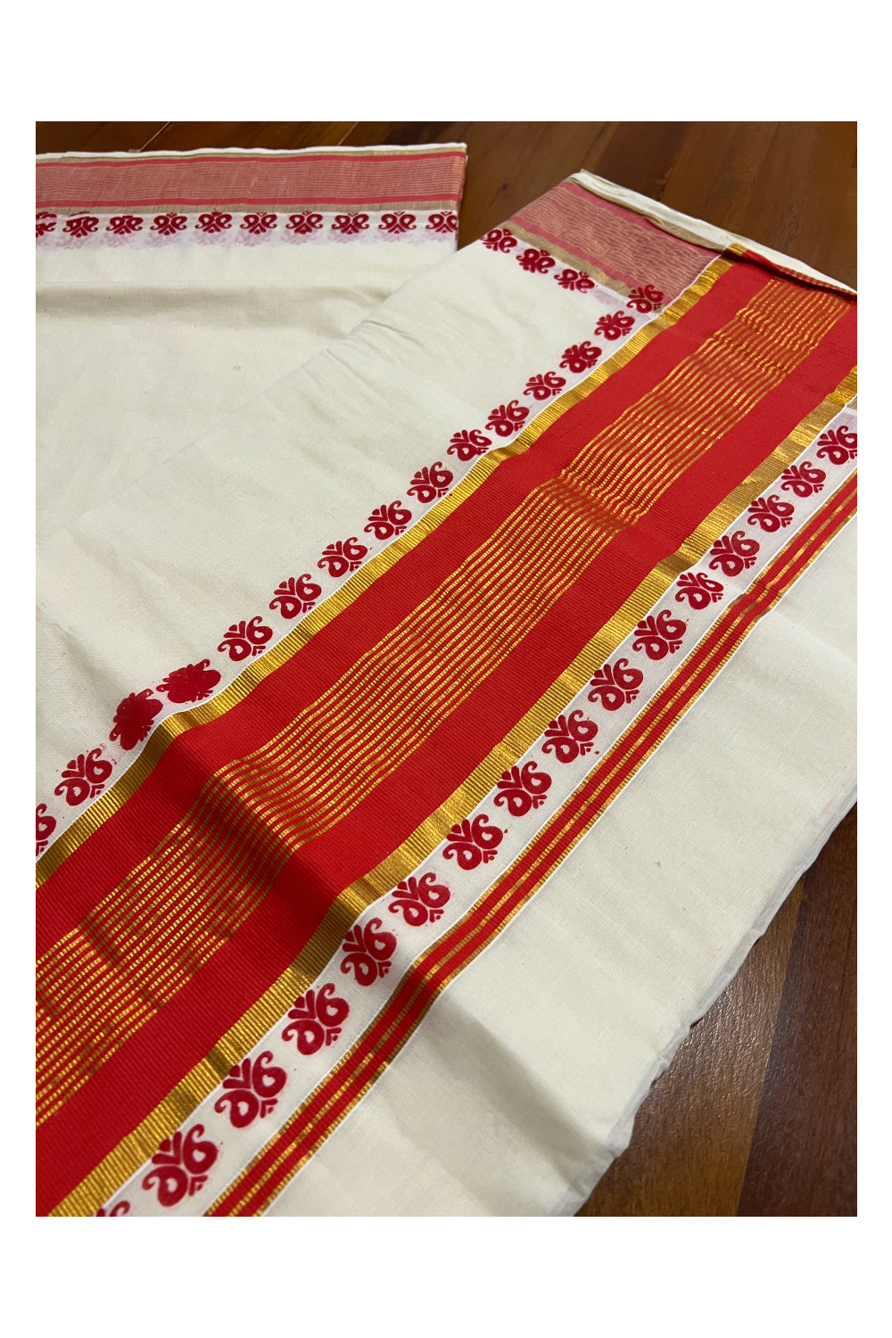 Pure Cotton Kerala Saree with Kasavu and Dark Orange Paisley Block Prints on Border