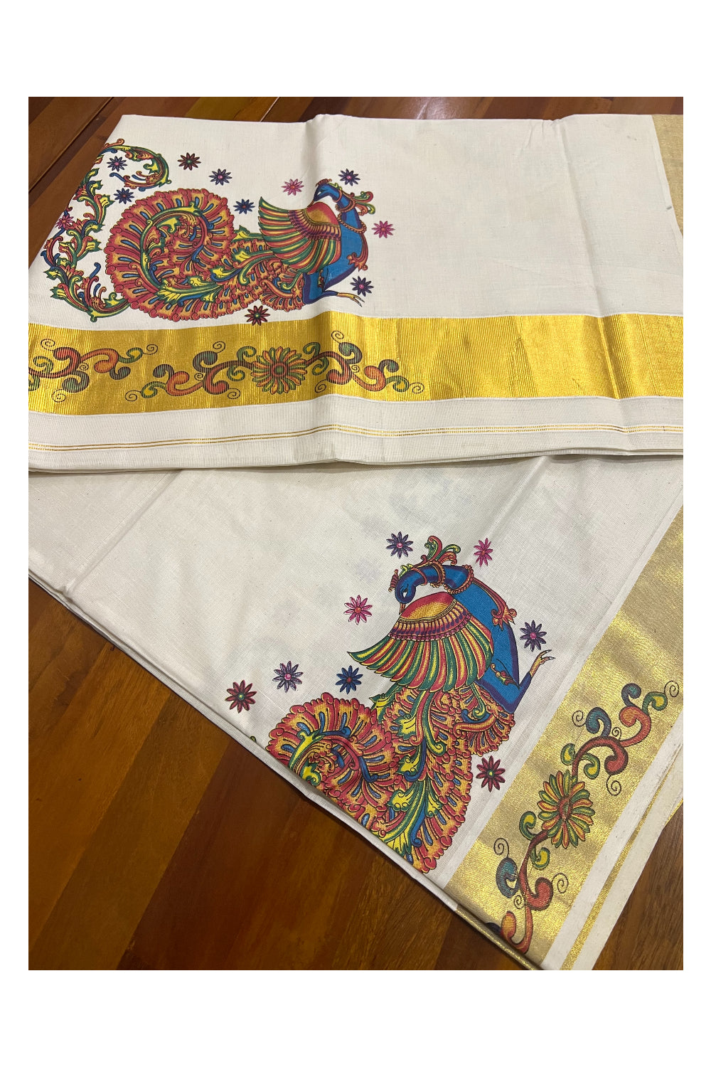 Pure Cotton Kerala Kasavu Saree with Mural Printed Peacock Art Design