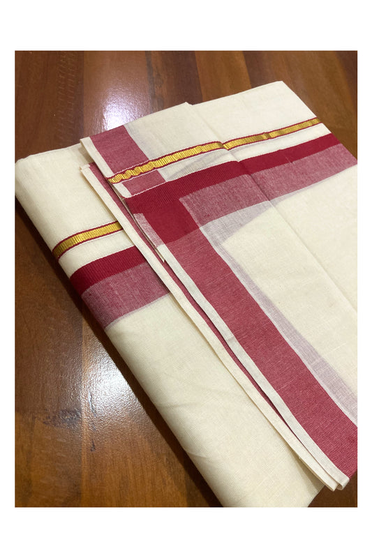 Pure Cotton Off White Double Mundu with Maroon and Kasavu Border (South Indian Dhoti)