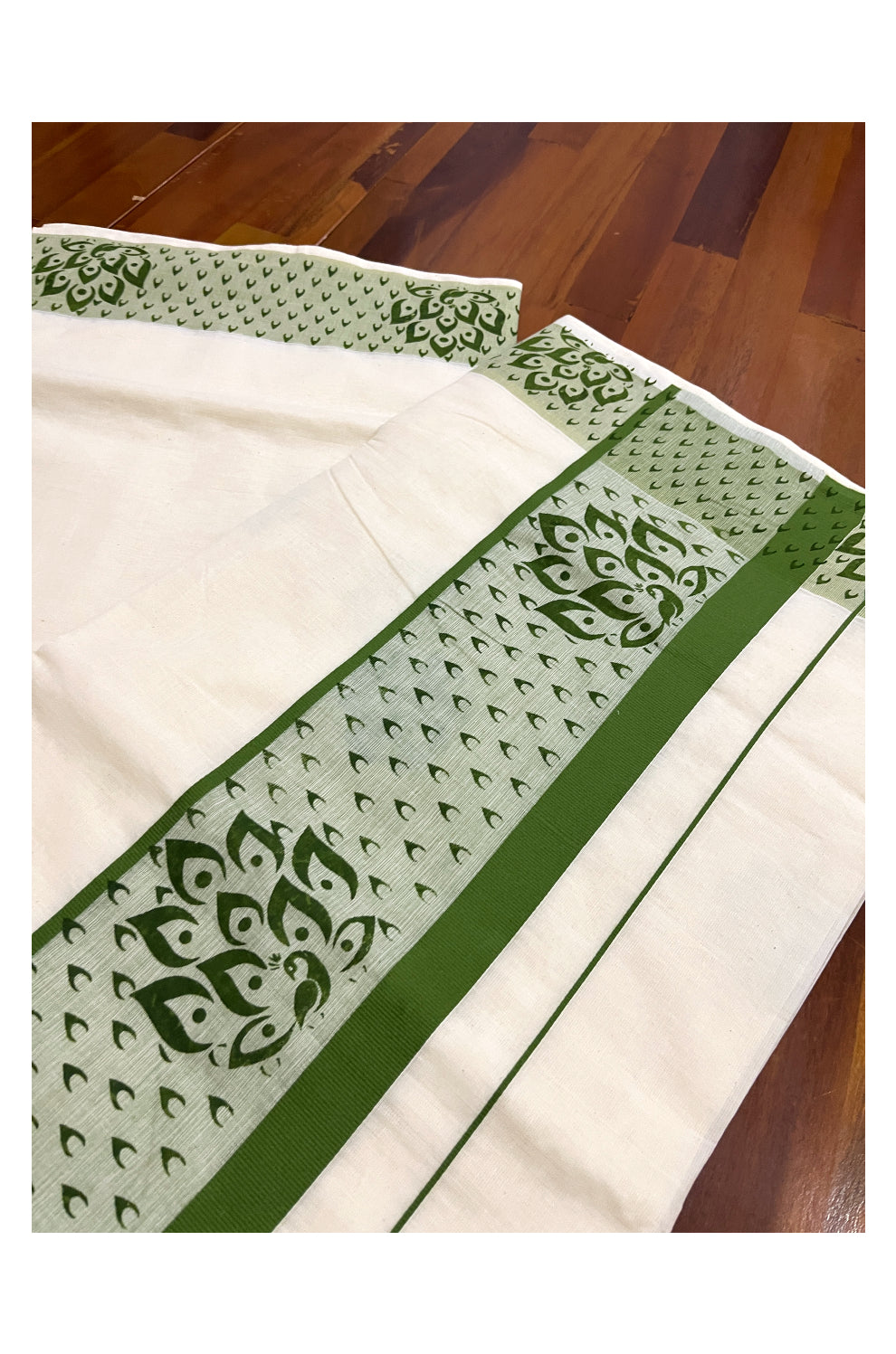 Pure Cotton Off White Kerala Saree with Green Block Prints on Border