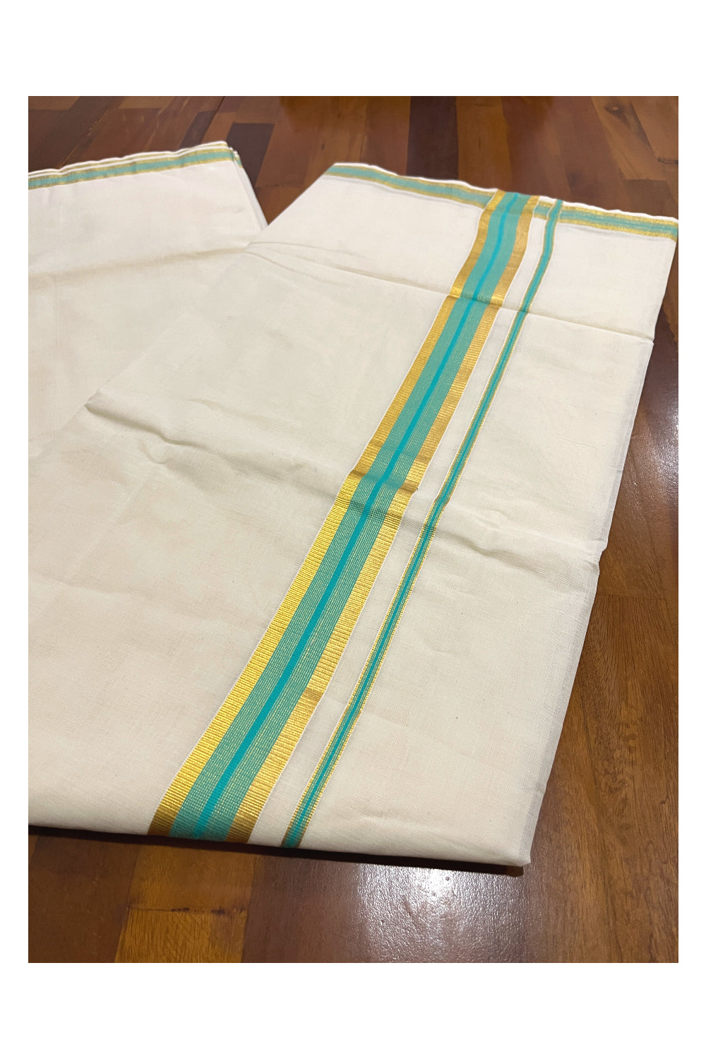 Kerala Pure Cotton Plain Saree with Kasavu and Turquoise Border