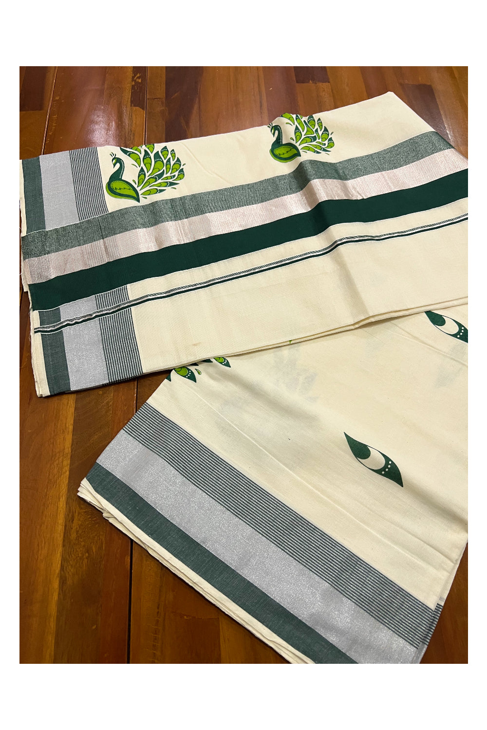 Kerala Pure Cotton Dark Green and Silver Kasavu Border Saree with Peacock Mural Printed Design