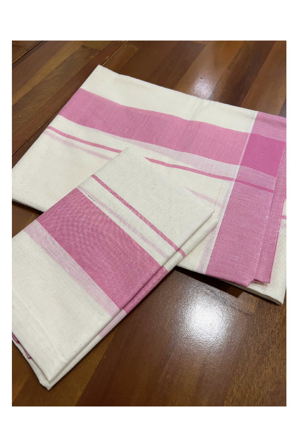 Kerala Cotton Mundum Neriyathum Single (Set Mundu) with Pink Mulloth Border (Extra Soft Cotton)