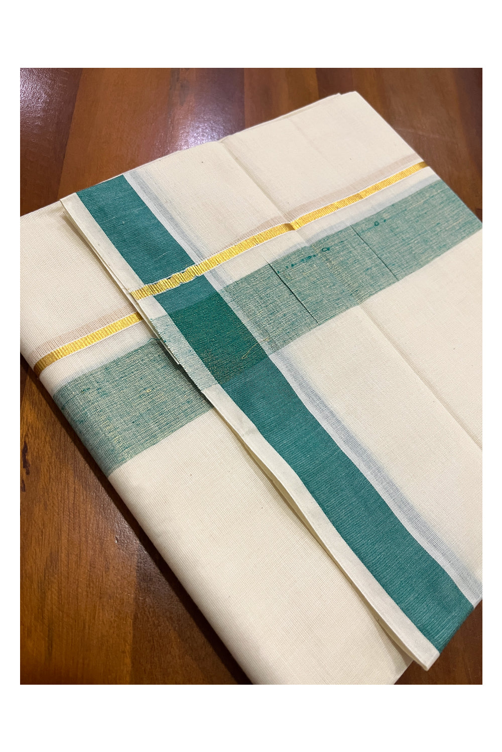 Pure Cotton Double Mundu with Kasavu Green Kara (South Indian Kerala Dhoti)